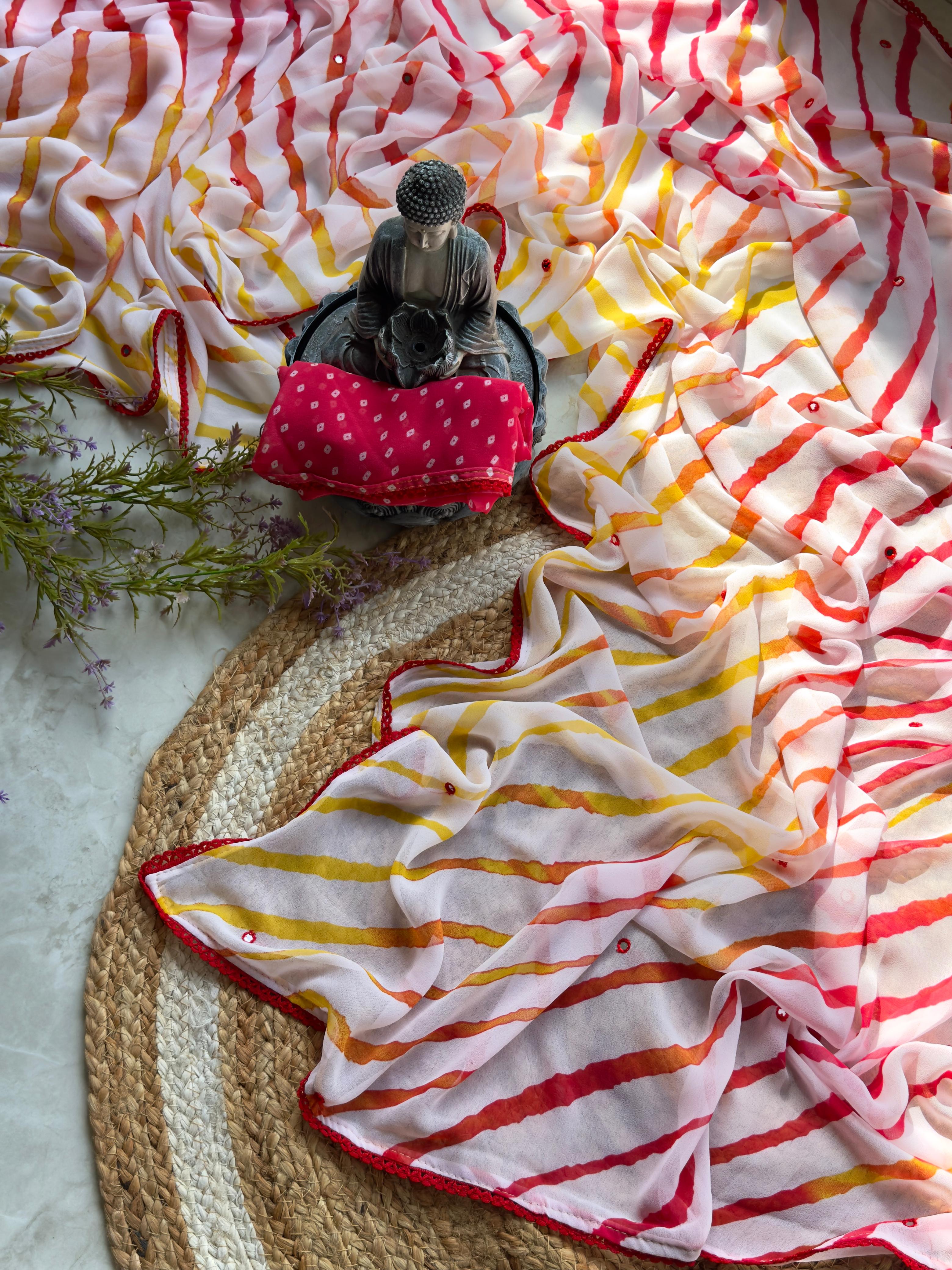 Graceful Festive Wear Georgette Leheriya Design Foil Mirror Work Fancy Saree With Blissful Blouse Piece