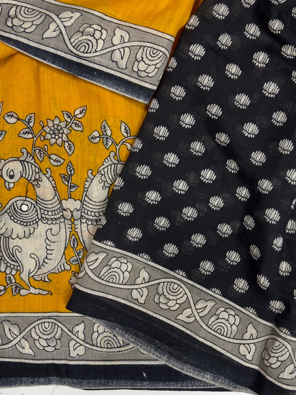Delightful Function Wear Linen Kalamkari Print n Aari Mirror Work Rich Pallu Fancy Saree With Contrast Blouse Piece