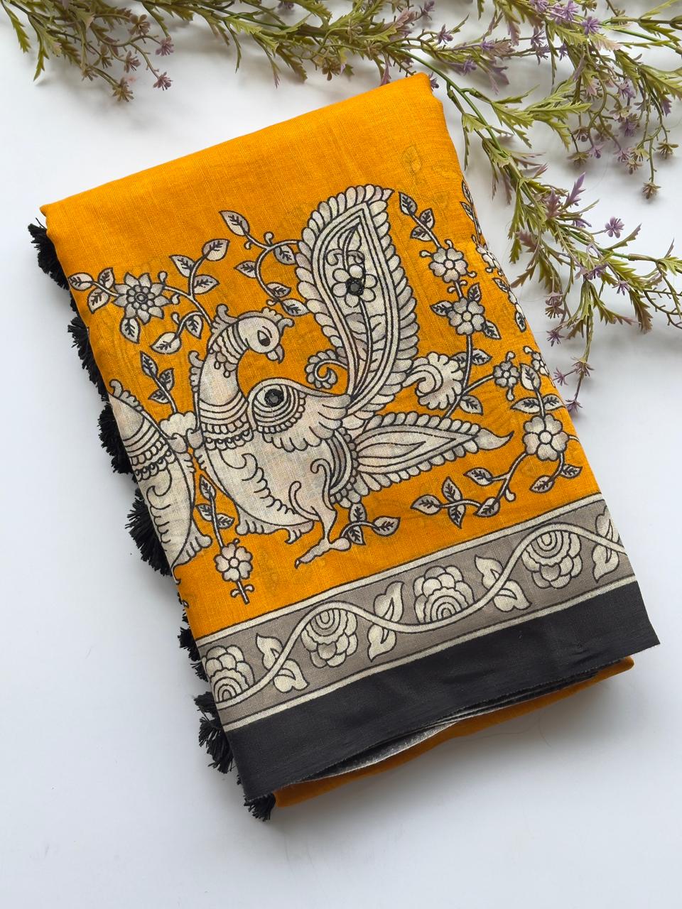 Delightful Function Wear Linen Kalamkari Print n Aari Mirror Work Rich Pallu Fancy Saree With Contrast Blouse Piece