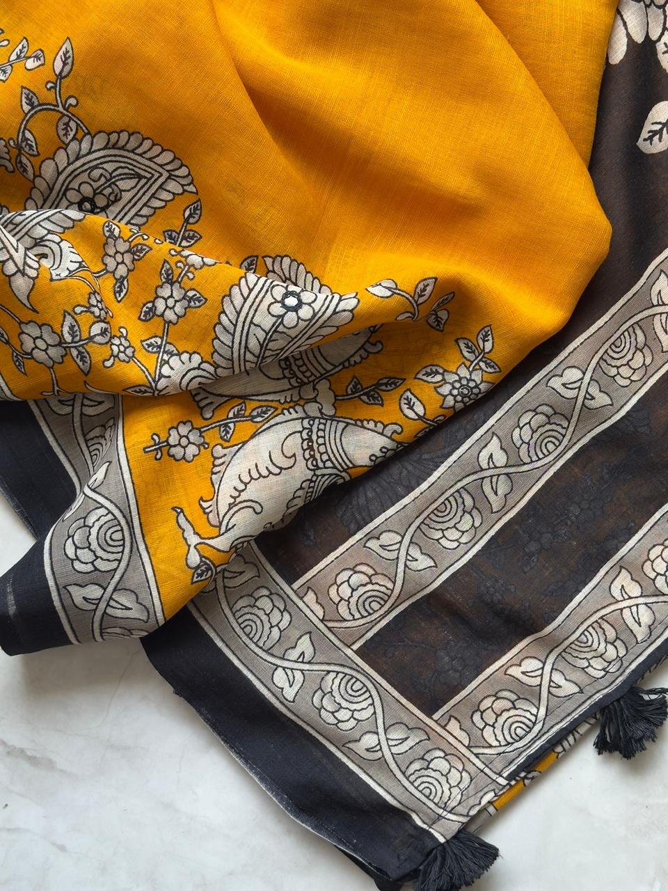 Delightful Function Wear Linen Kalamkari Print n Aari Mirror Work Rich Pallu Fancy Saree With Contrast Blouse Piece