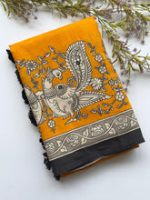 Load image into Gallery viewer, Delightful Function Wear Linen Kalamkari Print n Aari Mirror Work Rich Pallu Fancy Saree With Contrast Blouse Piece

