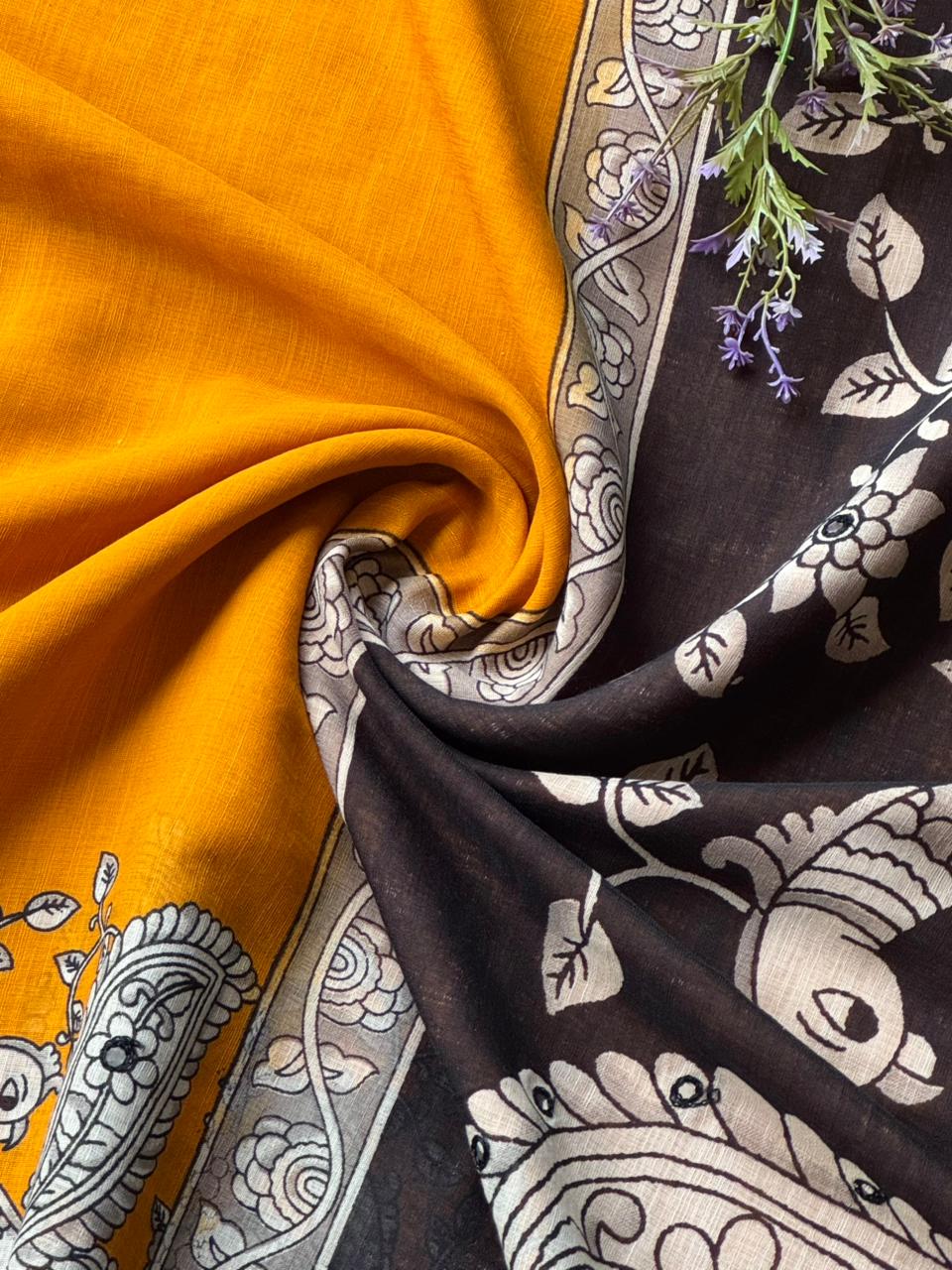 Delightful Function Wear Linen Kalamkari Print n Aari Mirror Work Rich Pallu Fancy Saree With Contrast Blouse Piece