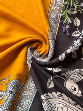 Load image into Gallery viewer, Delightful Function Wear Linen Kalamkari Print n Aari Mirror Work Rich Pallu Fancy Saree With Contrast Blouse Piece
