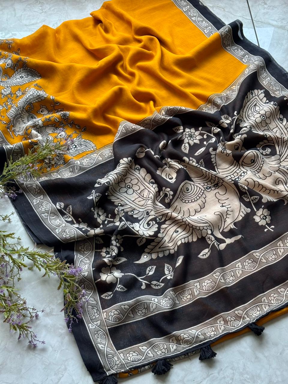 Delightful Function Wear Linen Kalamkari Print n Aari Mirror Work Rich Pallu Fancy Saree With Contrast Blouse Piece