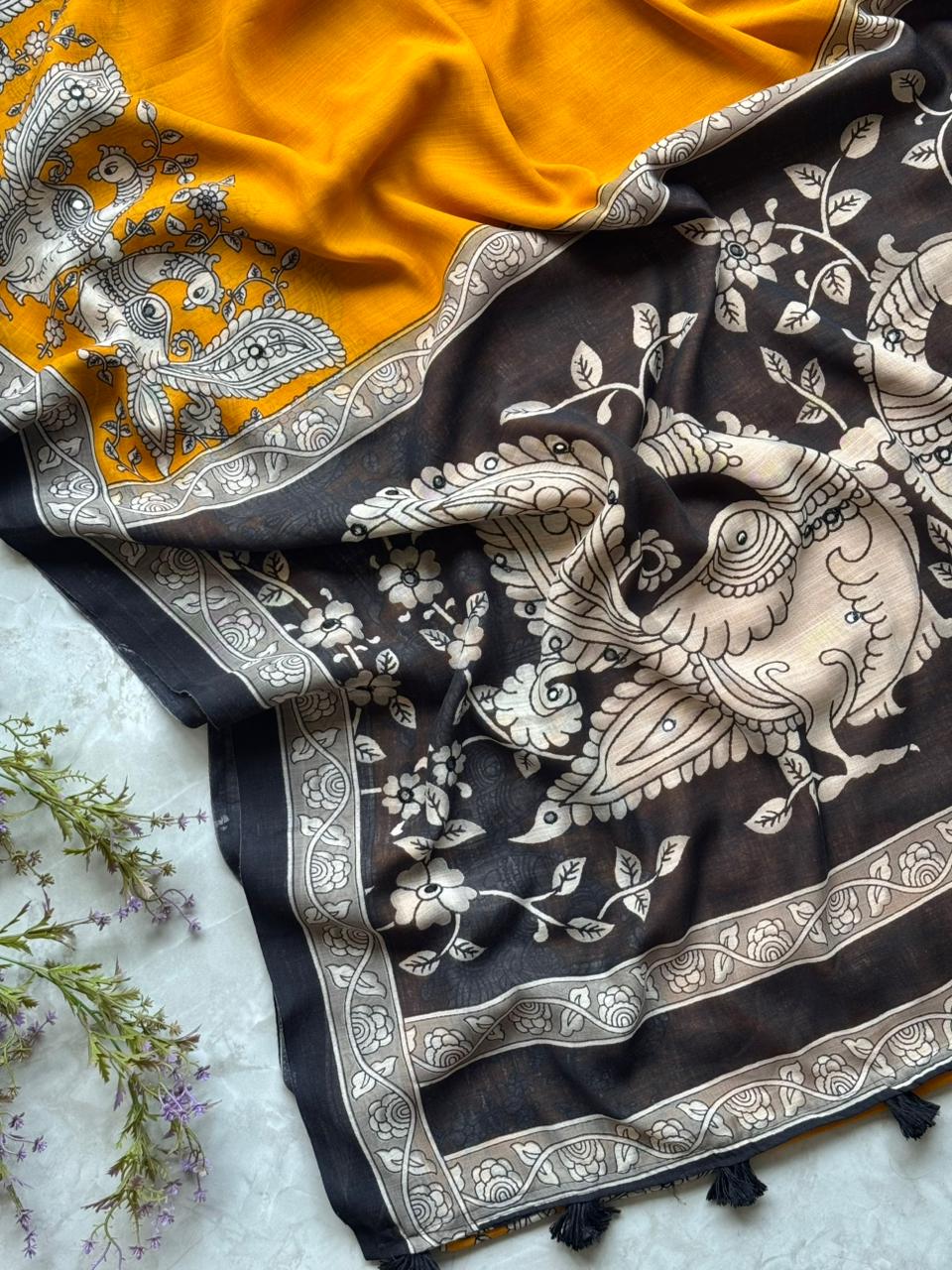 Delightful Function Wear Linen Kalamkari Print n Aari Mirror Work Rich Pallu Fancy Saree With Contrast Blouse Piece