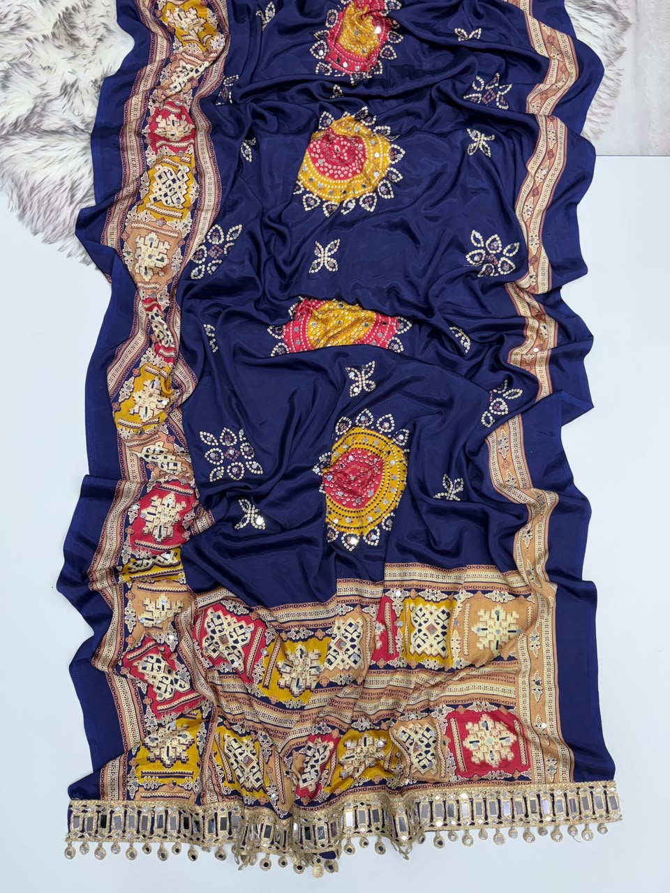 Incomparable Festive Wear Pure Satin Silk Ajrak Printed Rich Pallu n Mirror Work Designer Saree With Blouse Piece