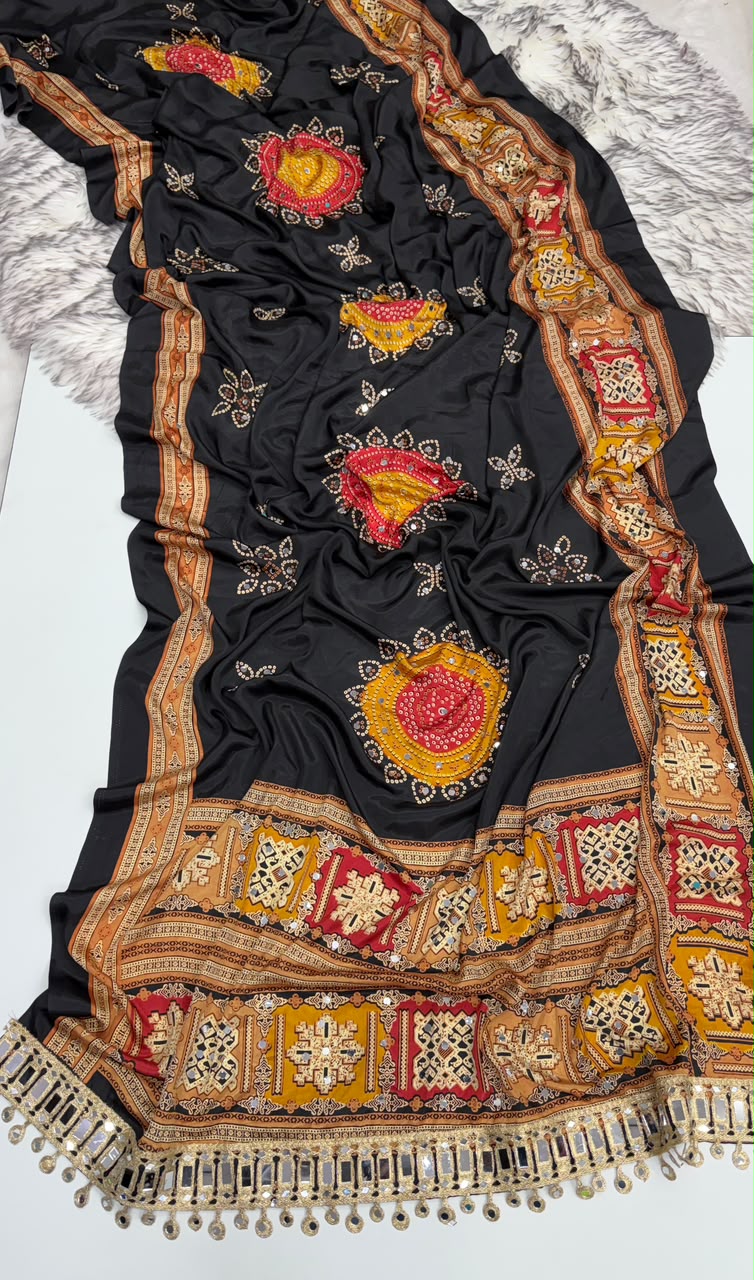 Incomparable Festive Wear Pure Satin Silk Ajrak Printed Rich Pallu n Mirror Work Designer Saree With Blouse Piece