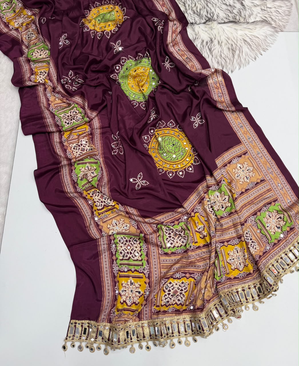 Incomparable Festive Wear Pure Satin Silk Ajrak Printed Rich Pallu n Mirror Work Designer Saree With Blouse Piece