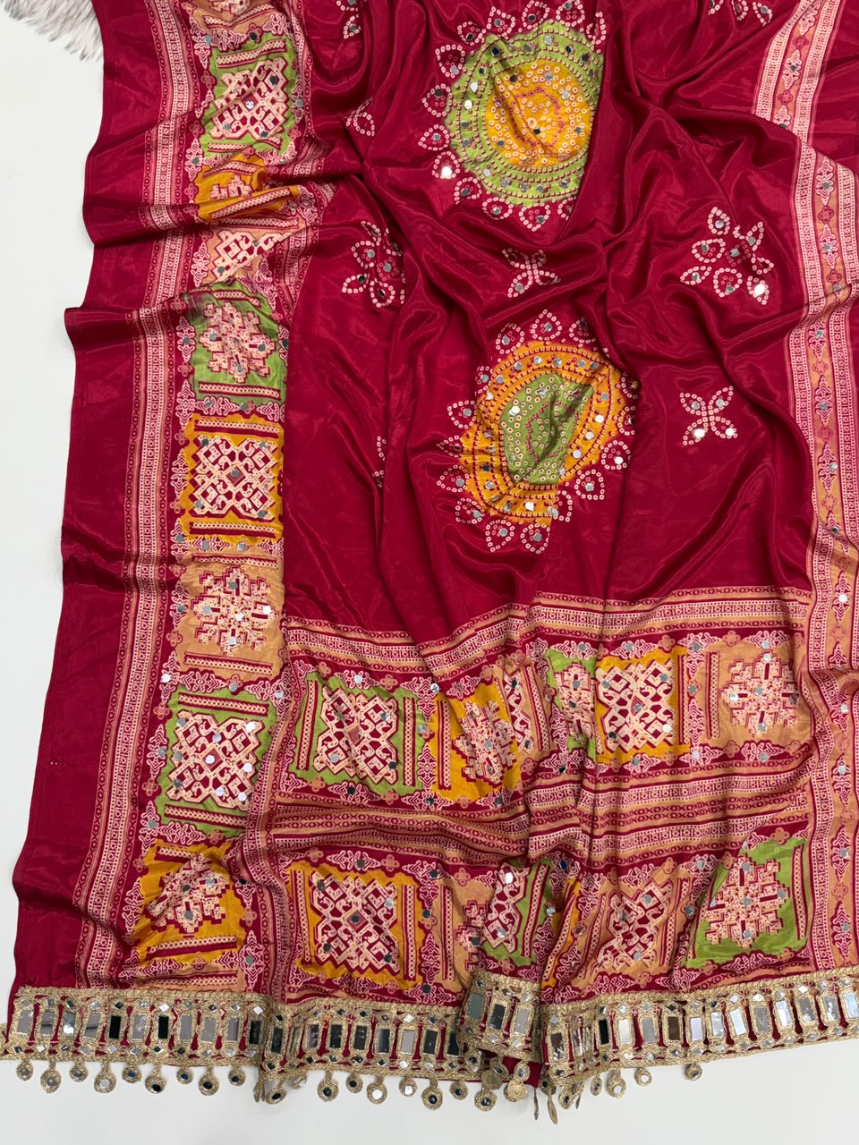Incomparable Festive Wear Pure Satin Silk Ajrak Printed Rich Pallu n Mirror Work Designer Saree With Blouse Piece