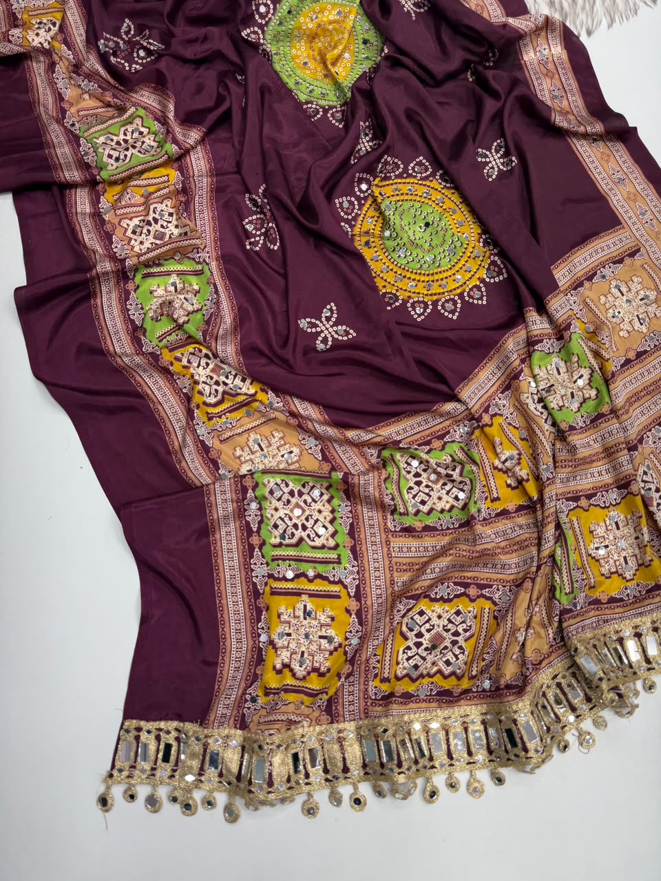 Incomparable Festive Wear Pure Satin Silk Ajrak Printed Rich Pallu n Mirror Work Designer Saree With Blouse Piece