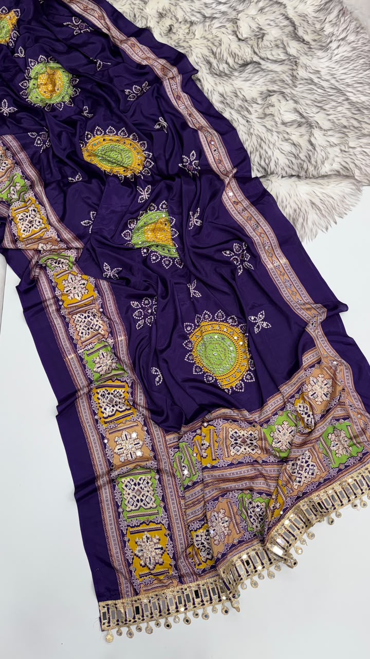 Incomparable Festive Wear Pure Satin Silk Ajrak Printed Rich Pallu n Mirror Work Designer Saree With Blouse Piece