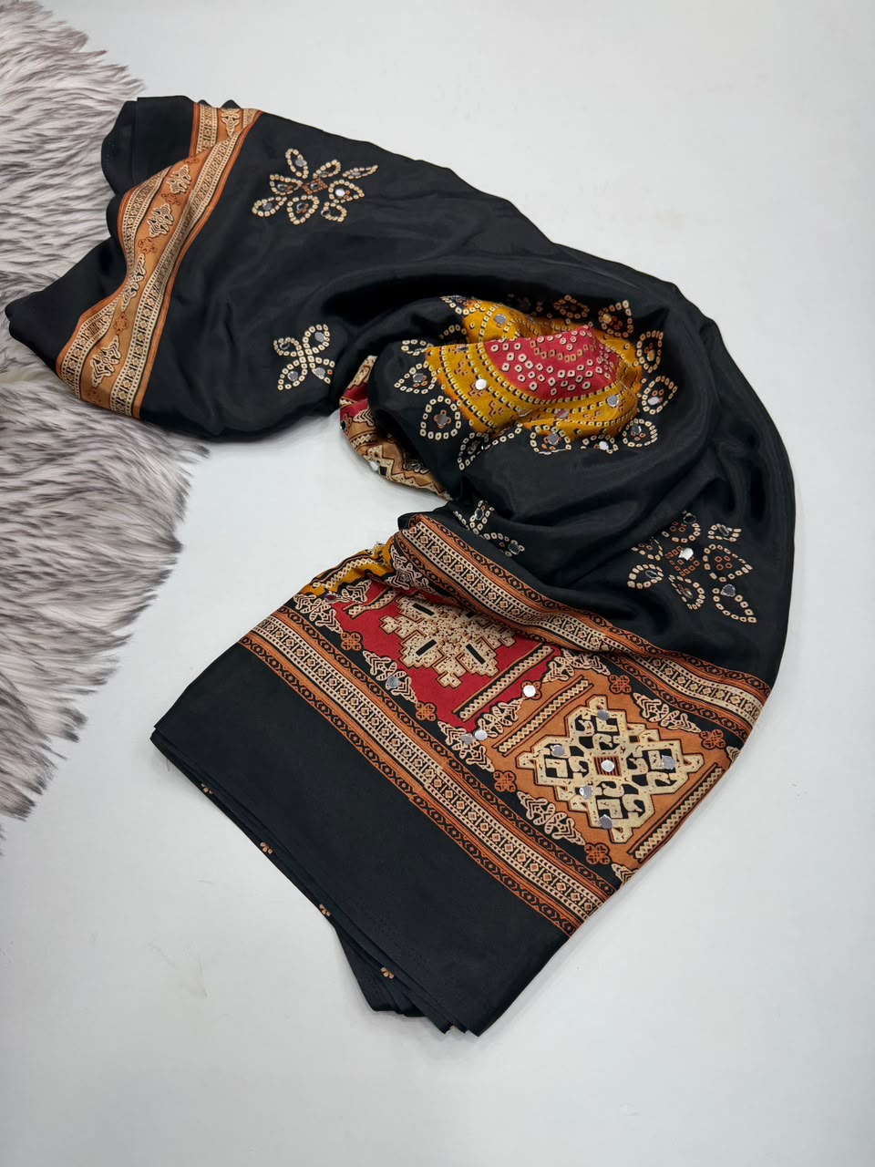 Incomparable Festive Wear Pure Satin Silk Ajrak Printed Rich Pallu n Mirror Work Designer Saree With Blouse Piece