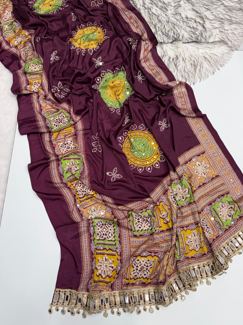 Incomparable Festive Wear Pure Satin Silk Ajrak Printed Rich Pallu n Mirror Work Designer Saree With Blouse Piece