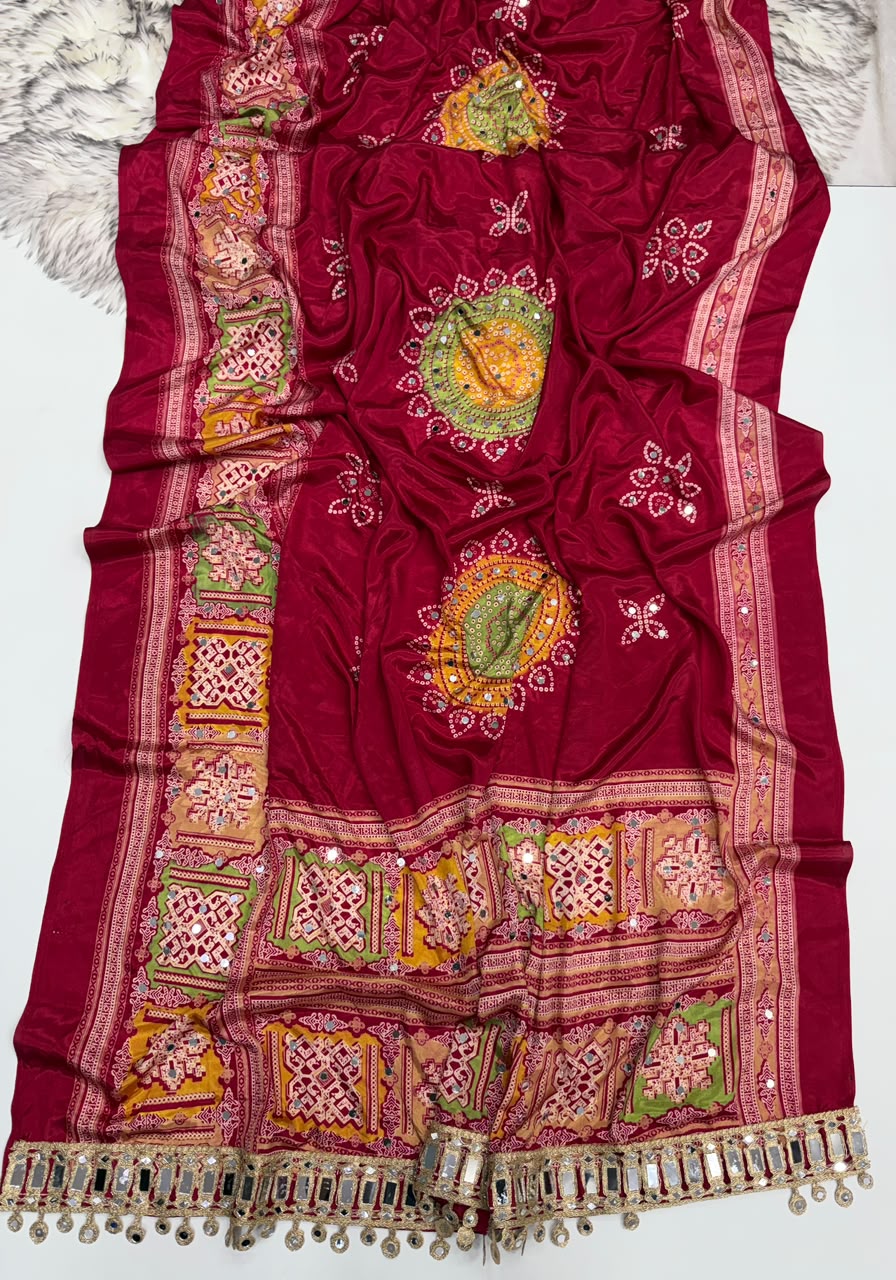Incomparable Festive Wear Pure Satin Silk Ajrak Printed Rich Pallu n Mirror Work Designer Saree With Blouse Piece