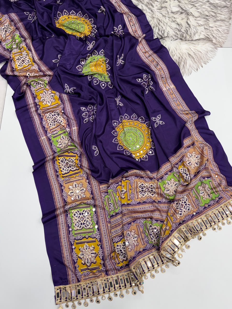 Incomparable Festive Wear Pure Satin Silk Ajrak Printed Rich Pallu n Mirror Work Designer Saree With Blouse Piece