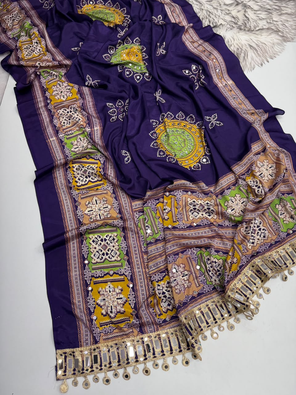 Incomparable Festive Wear Pure Satin Silk Ajrak Printed Rich Pallu n Mirror Work Designer Saree With Blouse Piece