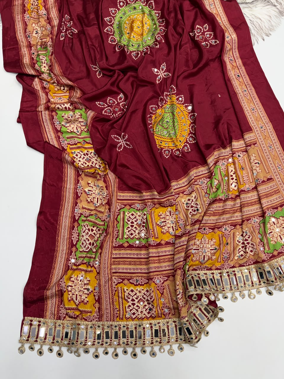 Incomparable Festive Wear Pure Satin Silk Ajrak Printed Rich Pallu n Mirror Work Designer Saree With Blouse Piece