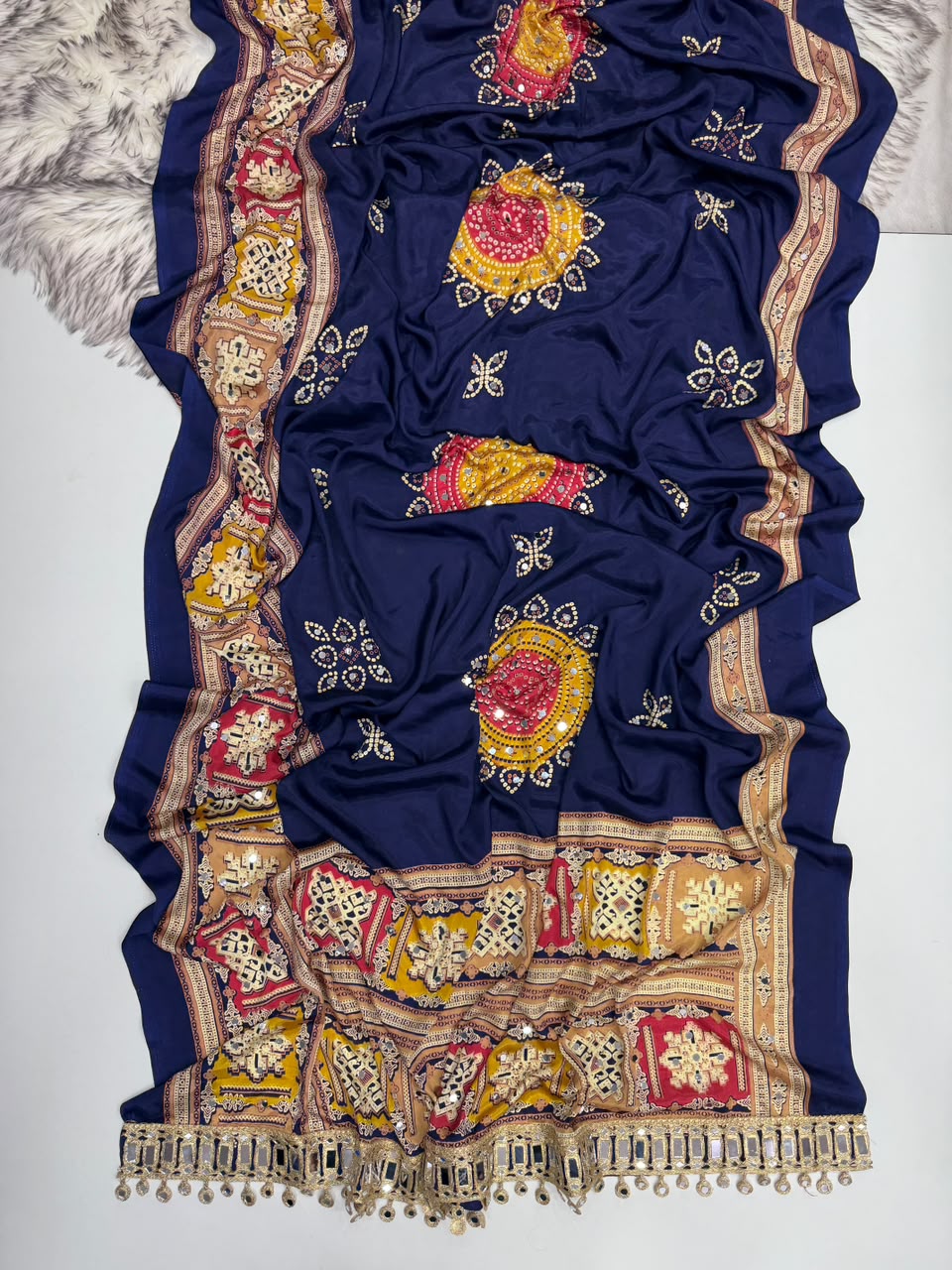 Incomparable Festive Wear Pure Satin Silk Ajrak Printed Rich Pallu n Mirror Work Designer Saree With Blouse Piece