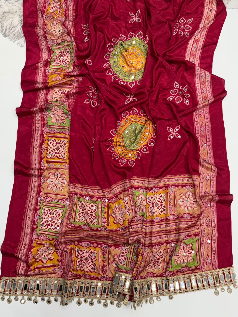 Incomparable Festive Wear Pure Satin Silk Ajrak Printed Rich Pallu n Mirror Work Designer Saree With Blouse Piece