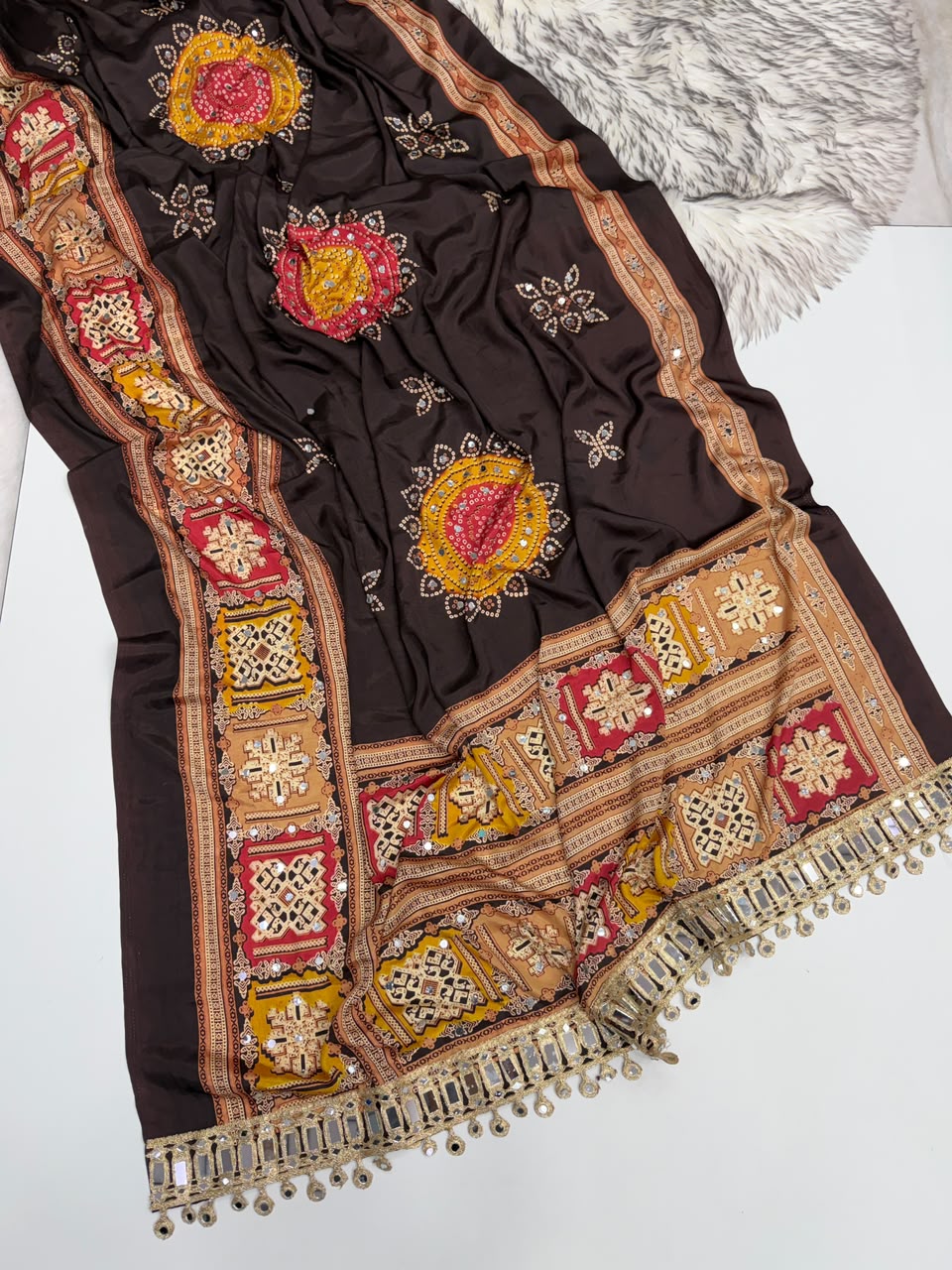 Incomparable Festive Wear Pure Satin Silk Ajrak Printed Rich Pallu n Mirror Work Designer Saree With Blouse Piece