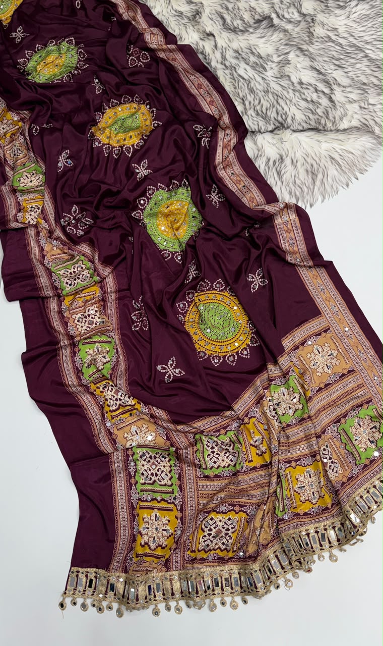 Incomparable Festive Wear Pure Satin Silk Ajrak Printed Rich Pallu n Mirror Work Designer Saree With Blouse Piece