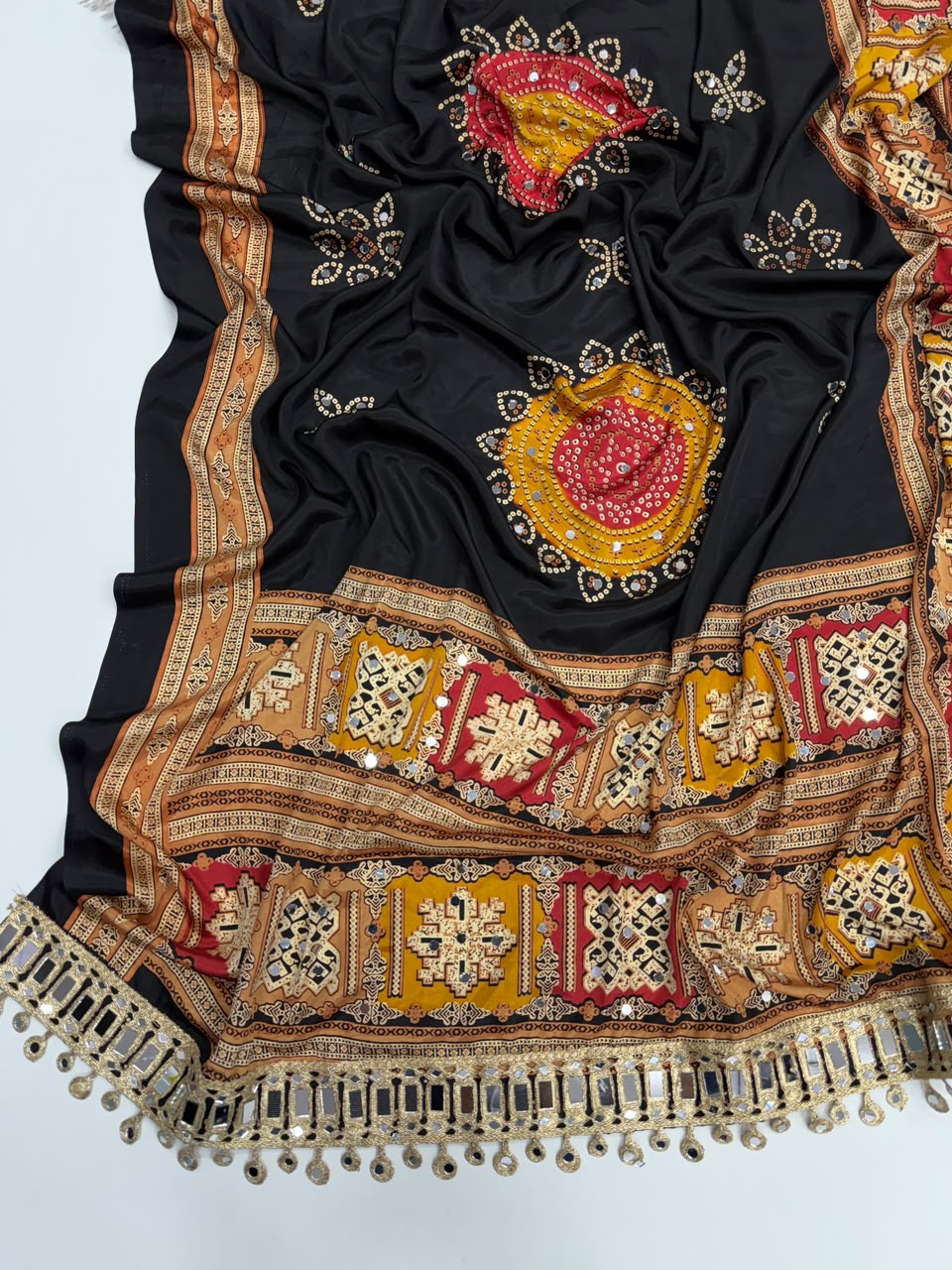 Incomparable Festive Wear Pure Satin Silk Ajrak Printed Rich Pallu n Mirror Work Designer Saree With Blouse Piece