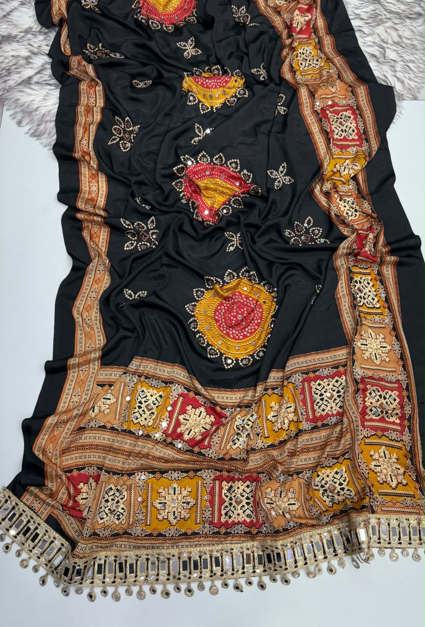 Incomparable Festive Wear Pure Satin Silk Ajrak Printed Rich Pallu n Mirror Work Designer Saree With Blouse Piece