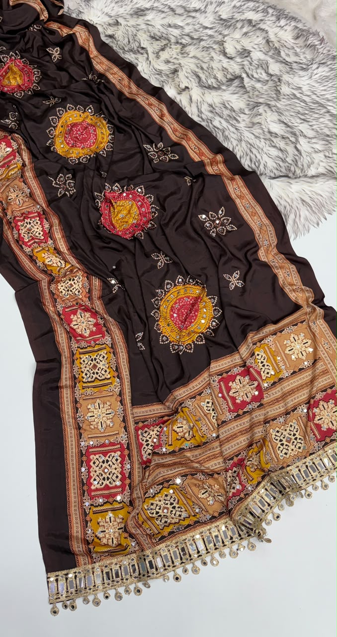 Incomparable Festive Wear Pure Satin Silk Ajrak Printed Rich Pallu n Mirror Work Designer Saree With Blouse Piece