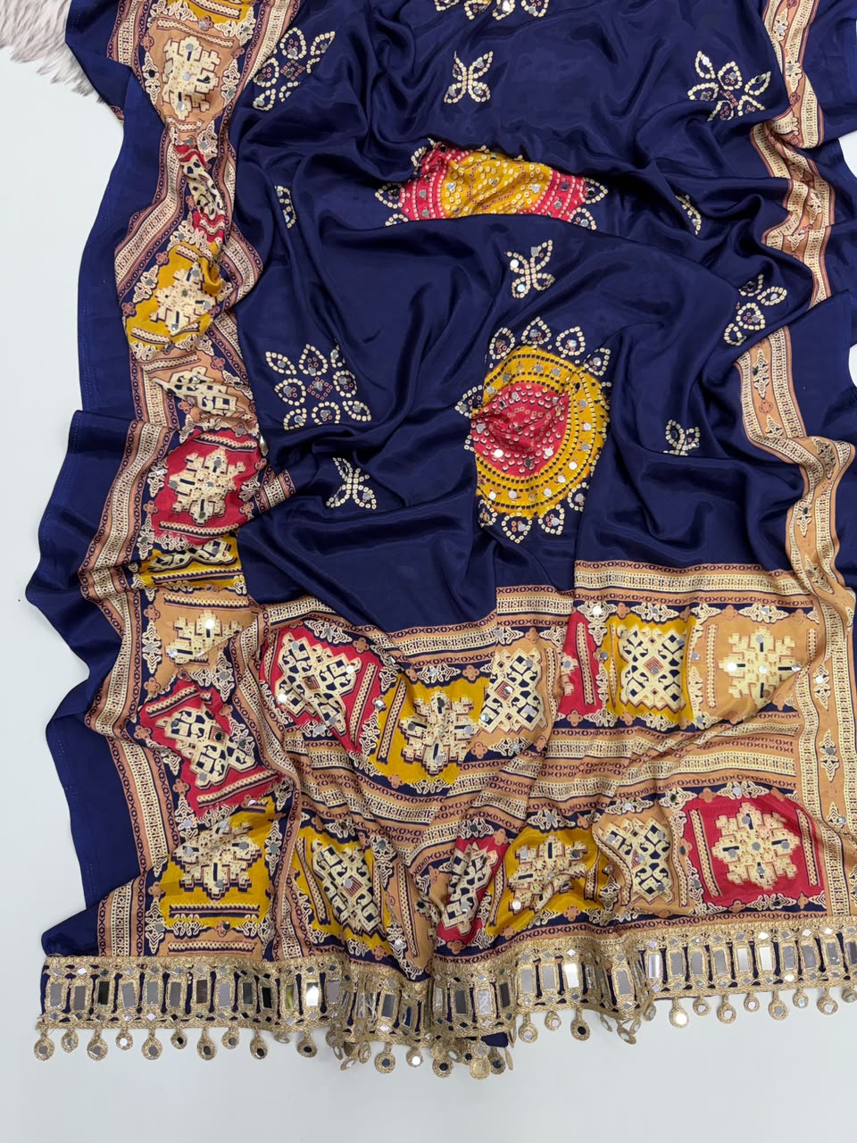 Incomparable Festive Wear Pure Satin Silk Ajrak Printed Rich Pallu n Mirror Work Designer Saree With Blouse Piece