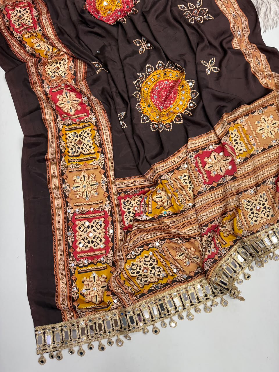 Incomparable Festive Wear Pure Satin Silk Ajrak Printed Rich Pallu n Mirror Work Designer Saree With Blouse Piece