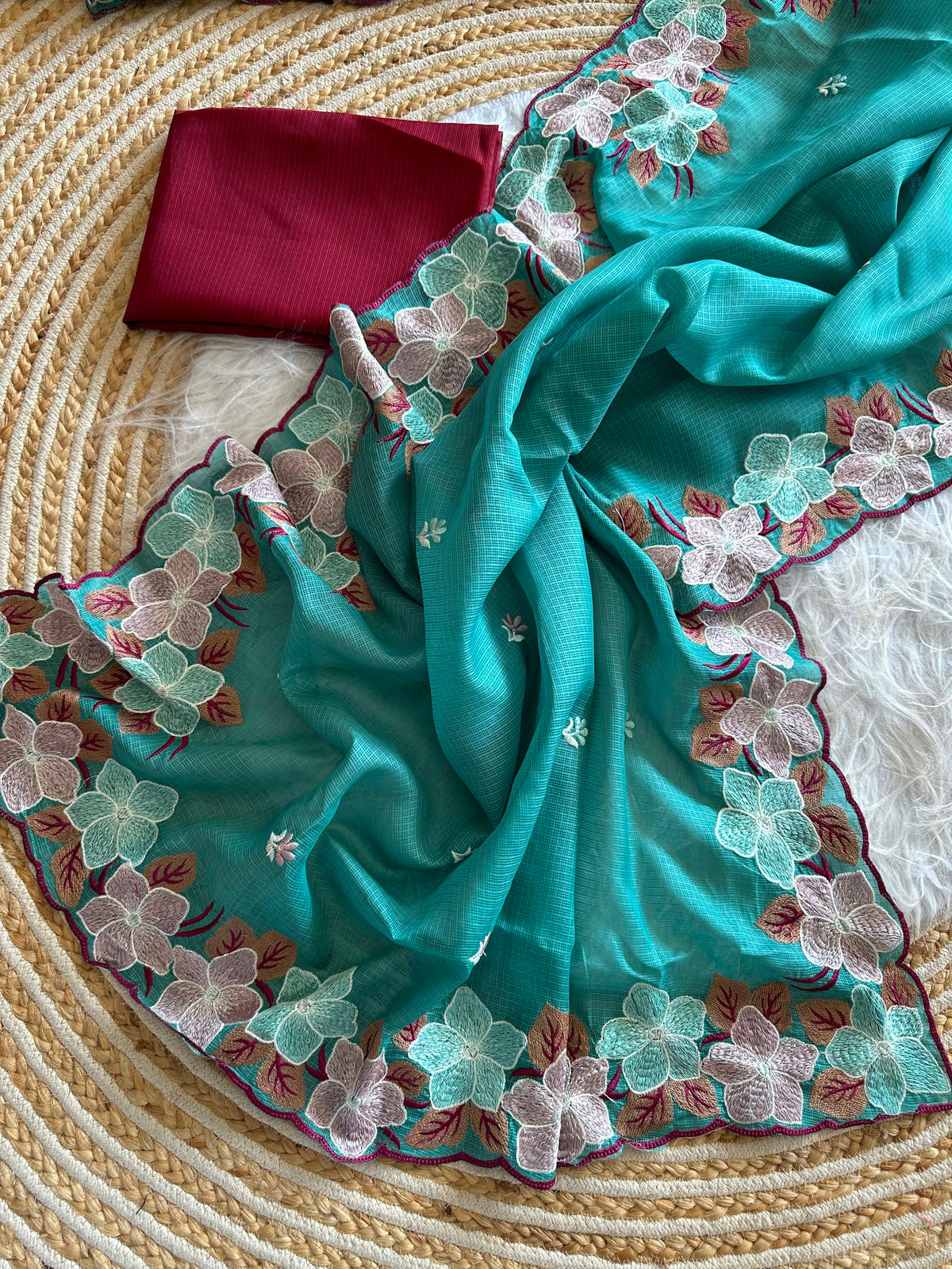 Exuberant Function Wear Soft Kota Doriya Embrodiered Thread n Cut Work Designer Saree For Occasion