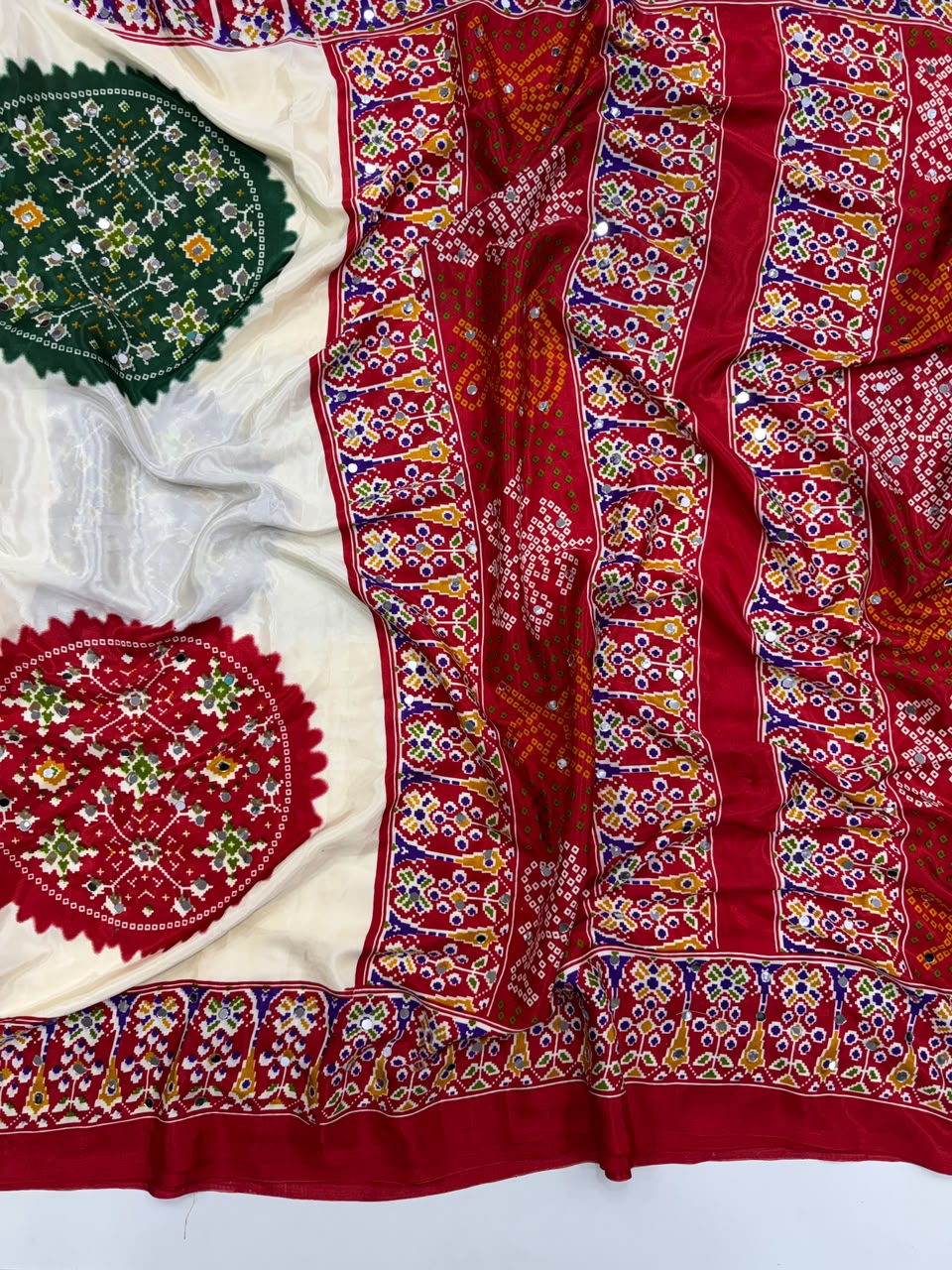Desiring Function Wear Pure Satin Silk Ajrak Printed Rich Pallu n Original Mirror Work Designer Saree With Blouse Piece