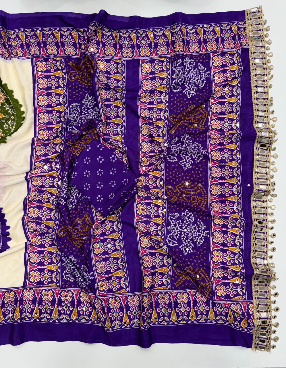 Desiring Function Wear Pure Satin Silk Ajrak Printed Rich Pallu n Original Mirror Work Designer Saree With Blouse Piece