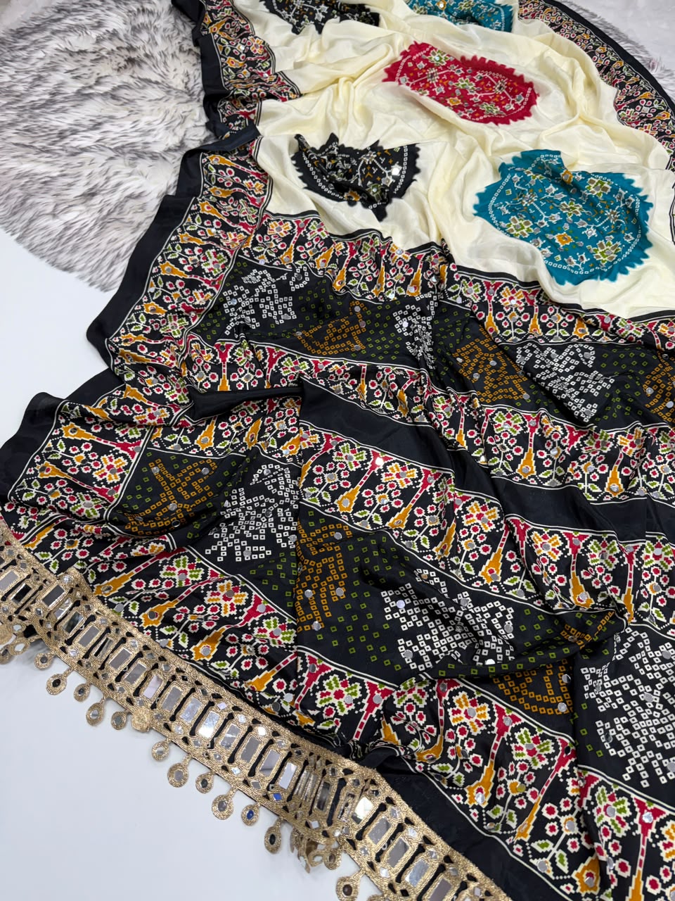 Desiring Function Wear Pure Satin Silk Ajrak Printed Rich Pallu n Original Mirror Work Designer Saree With Blouse Piece