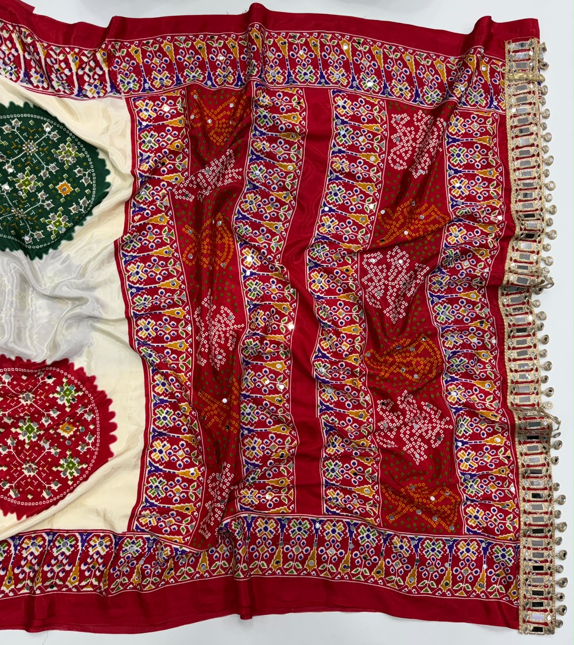 Desiring Function Wear Pure Satin Silk Ajrak Printed Rich Pallu n Original Mirror Work Designer Saree With Blouse Piece