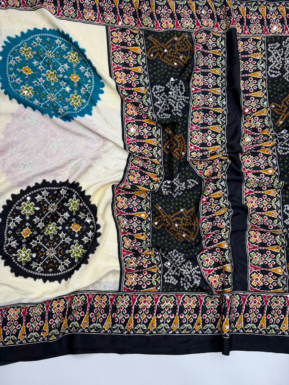 Desiring Function Wear Pure Satin Silk Ajrak Printed Rich Pallu n Original Mirror Work Designer Saree With Blouse Piece