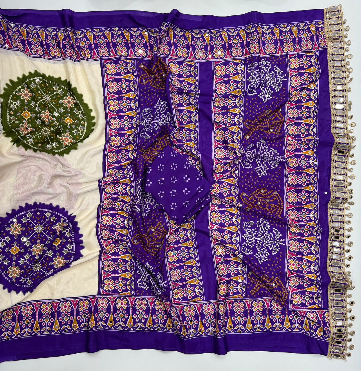Desiring Function Wear Pure Satin Silk Ajrak Printed Rich Pallu n Original Mirror Work Designer Saree With Blouse Piece