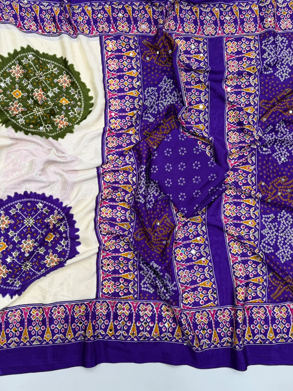 Desiring Function Wear Pure Satin Silk Ajrak Printed Rich Pallu n Original Mirror Work Designer Saree With Blouse Piece
