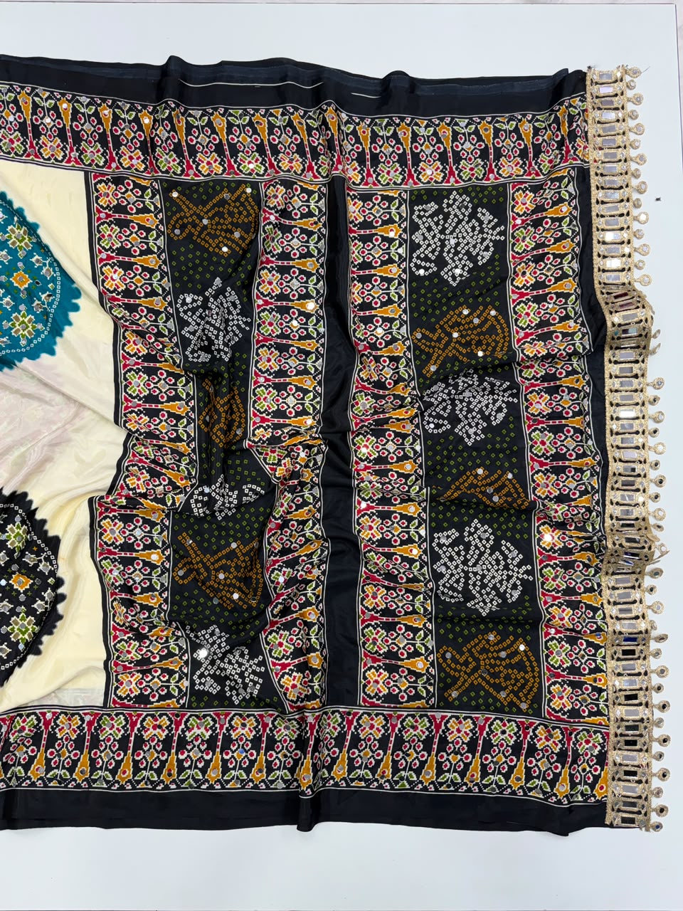 Desiring Function Wear Pure Satin Silk Ajrak Printed Rich Pallu n Original Mirror Work Designer Saree With Blouse Piece