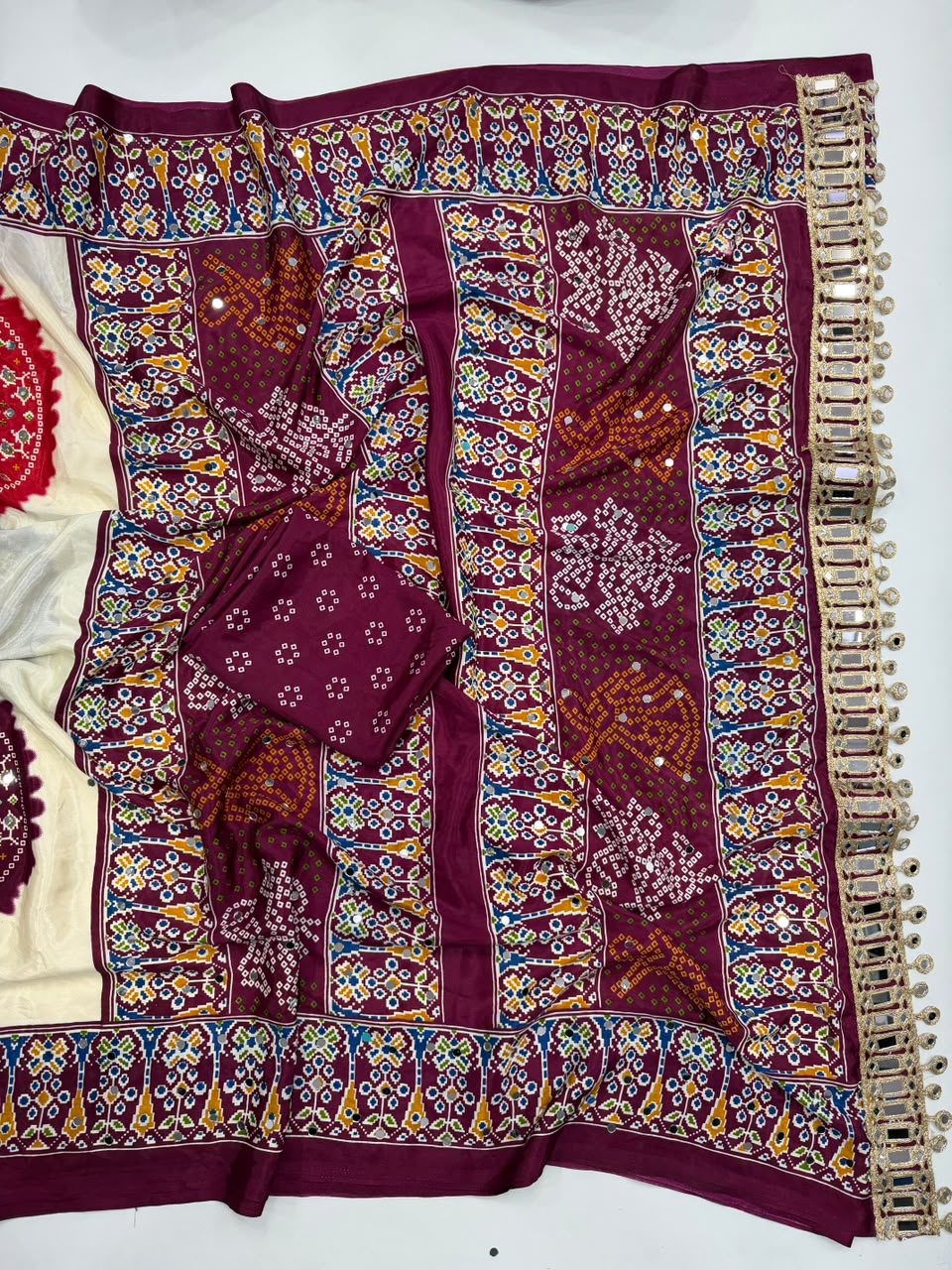Desiring Function Wear Pure Satin Silk Ajrak Printed Rich Pallu n Original Mirror Work Designer Saree With Blouse Piece