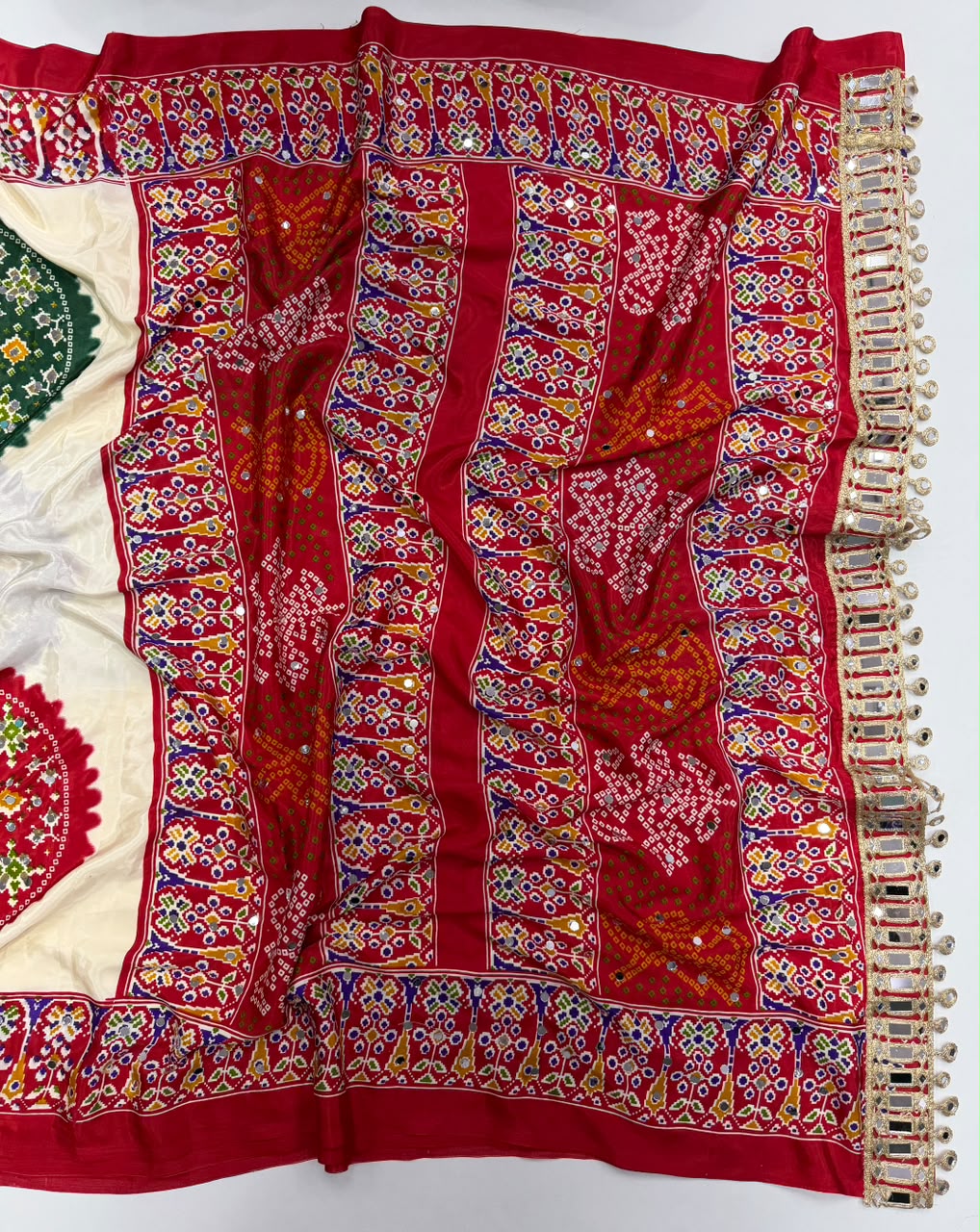 Desiring Function Wear Pure Satin Silk Ajrak Printed Rich Pallu n Original Mirror Work Designer Saree With Blouse Piece