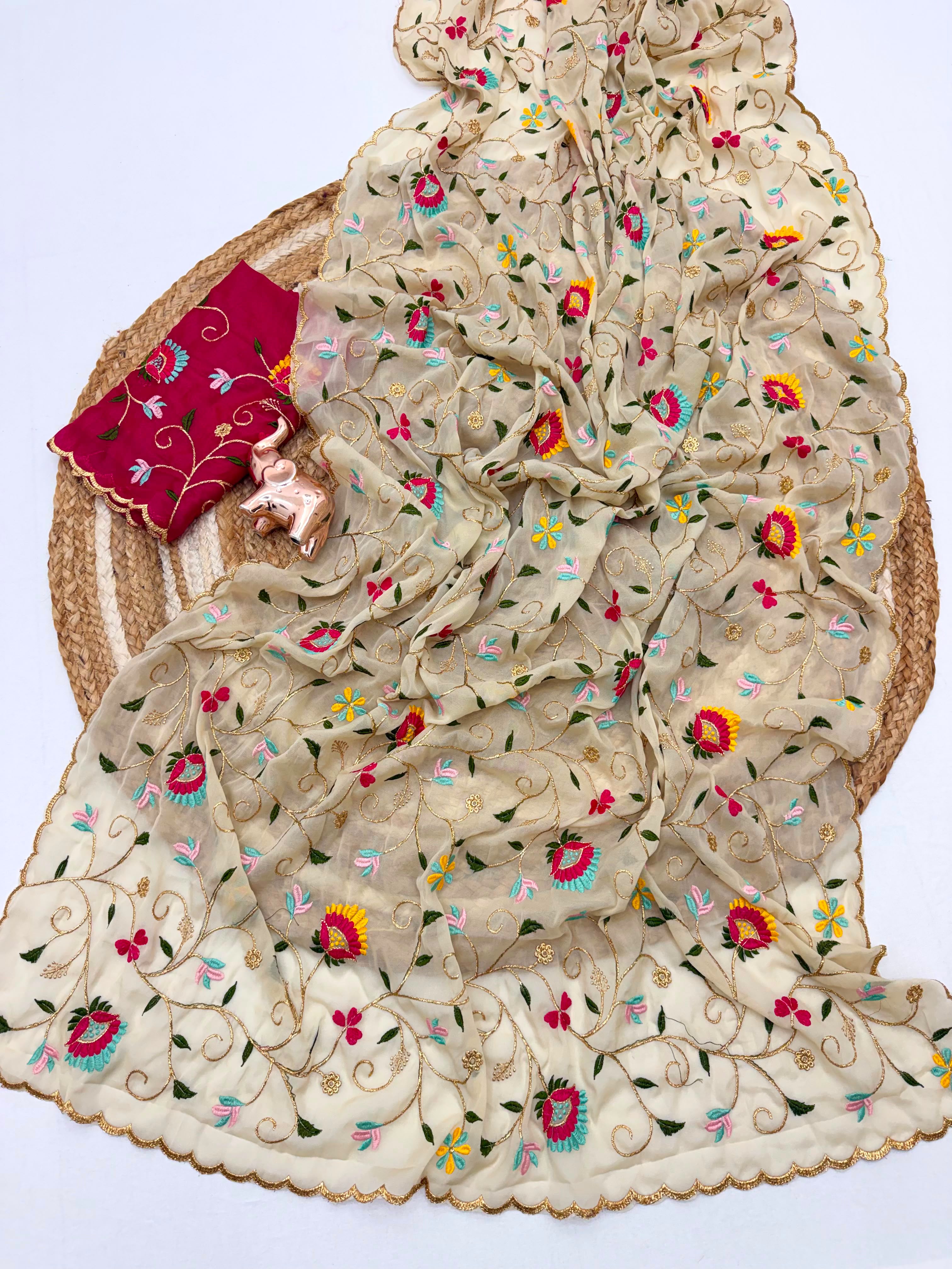 Forbearance Party  Wear Georgette Multi Embroidery Work Butta Flower Design Saree With Contrast Blouse Piece