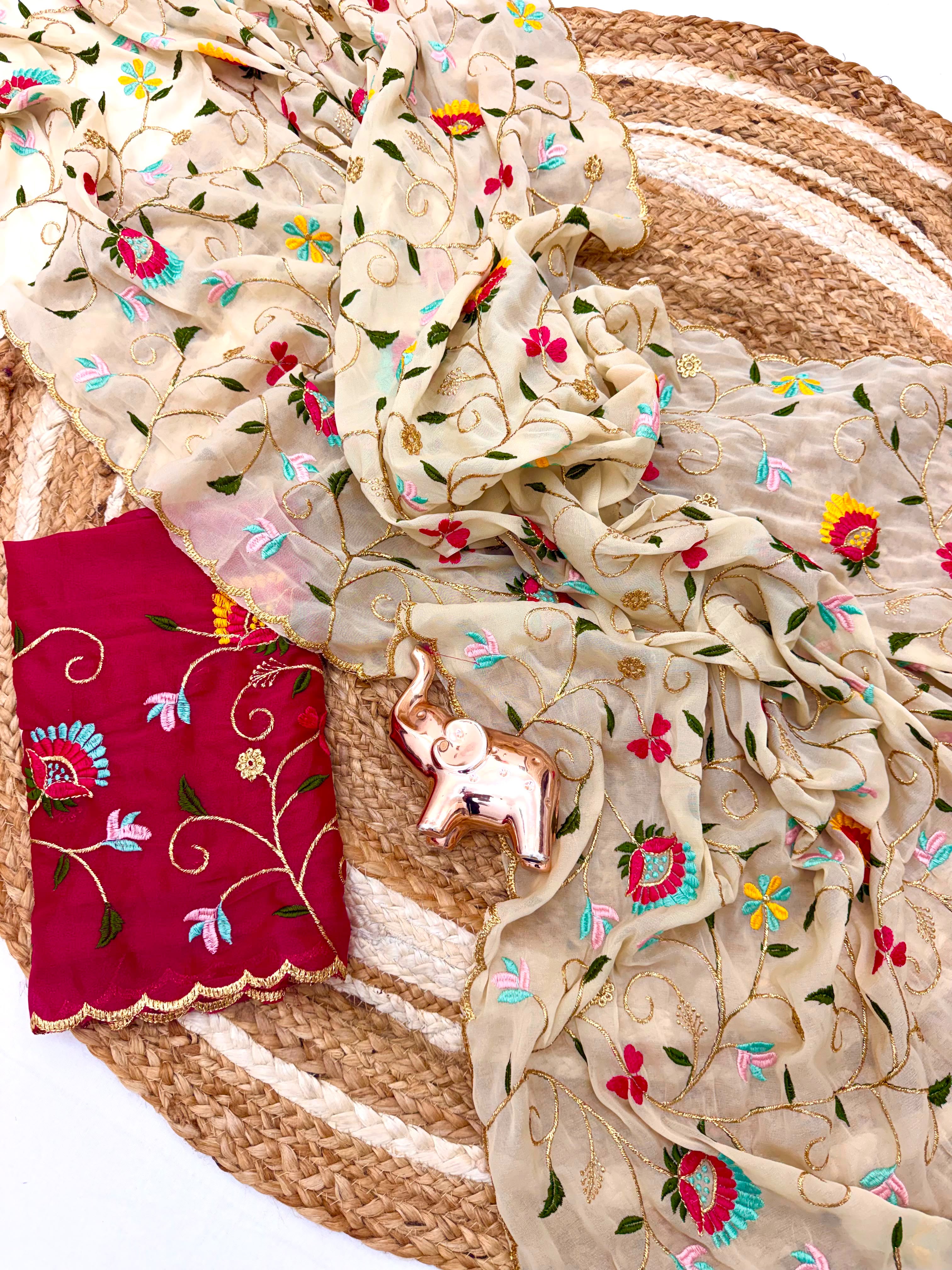 Forbearance Party  Wear Georgette Multi Embroidery Work Butta Flower Design Saree With Contrast Blouse Piece
