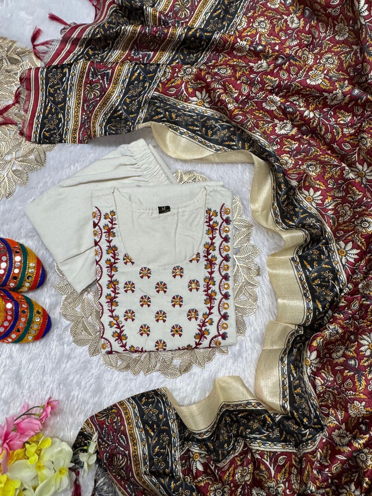 Divine Party Wear Cotton Embroidery n Sequence Work Designer Straight Kurta With Trouser n Dupatta Set
