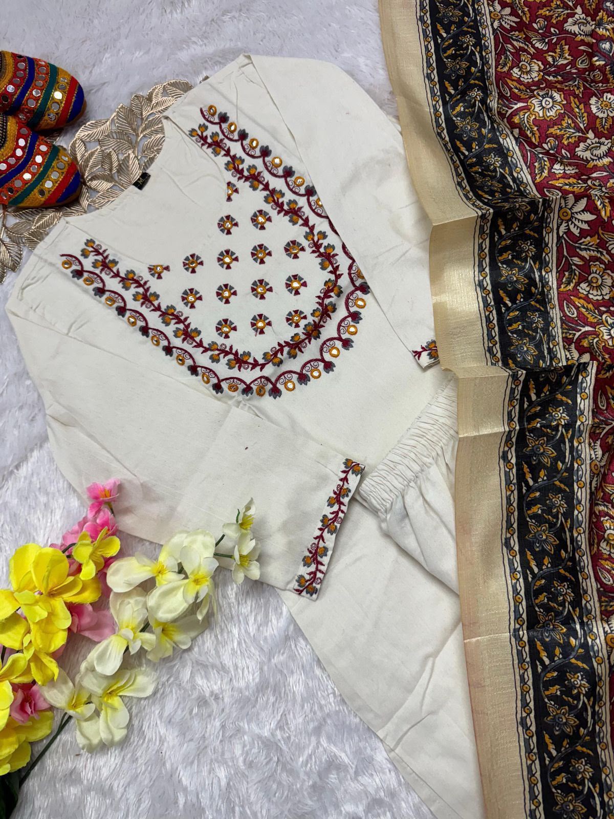 Divine Party Wear Cotton Embroidery n Sequence Work Designer Straight Kurta With Trouser n Dupatta Set