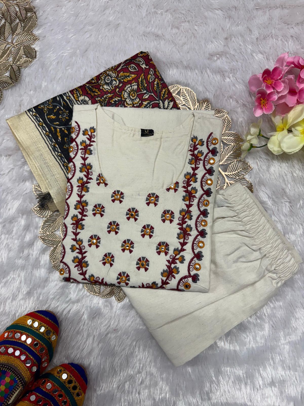 Divine Party Wear Cotton Embroidery n Sequence Work Designer Straight Kurta With Trouser n Dupatta Set