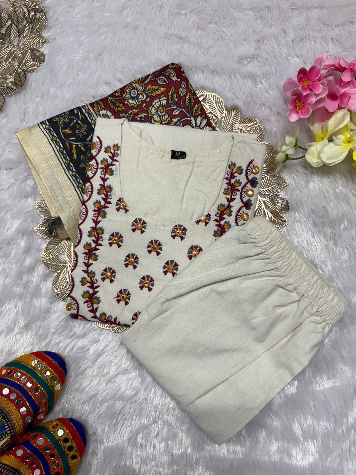 Divine Party Wear Cotton Embroidery n Sequence Work Designer Straight Kurta With Trouser n Dupatta Set