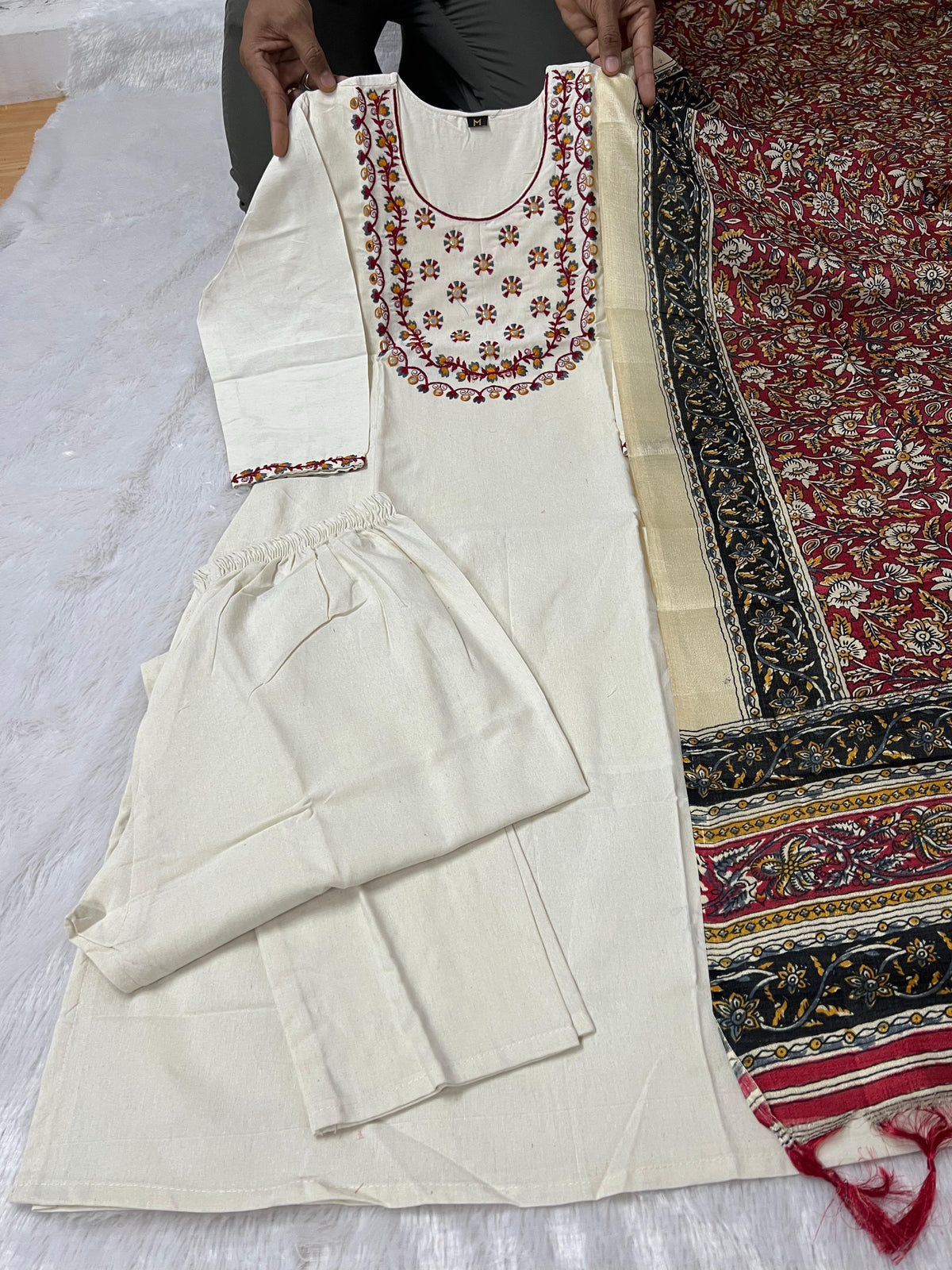 Divine Party Wear Cotton Embroidery n Sequence Work Designer Straight Kurta With Trouser n Dupatta Set