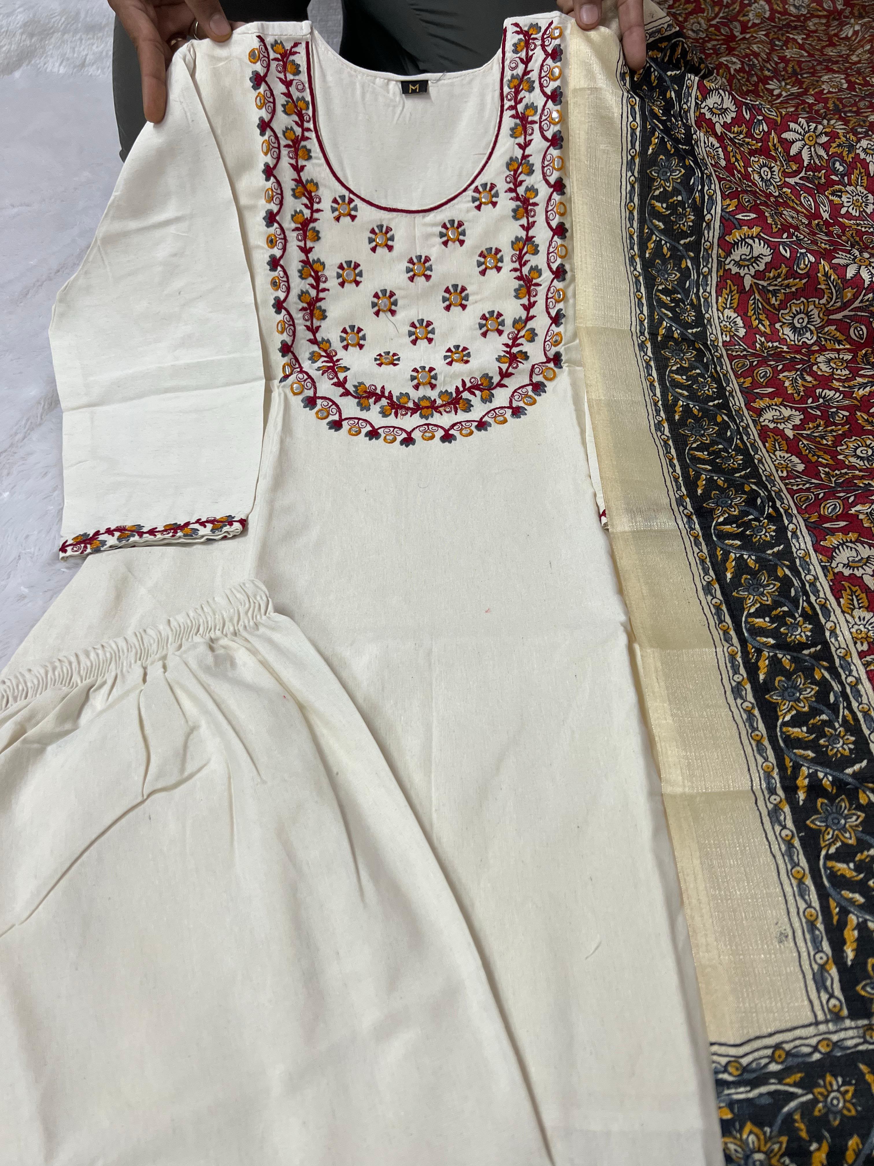 Divine Party Wear Cotton Embroidery n Sequence Work Designer Straight Kurta With Trouser n Dupatta Set
