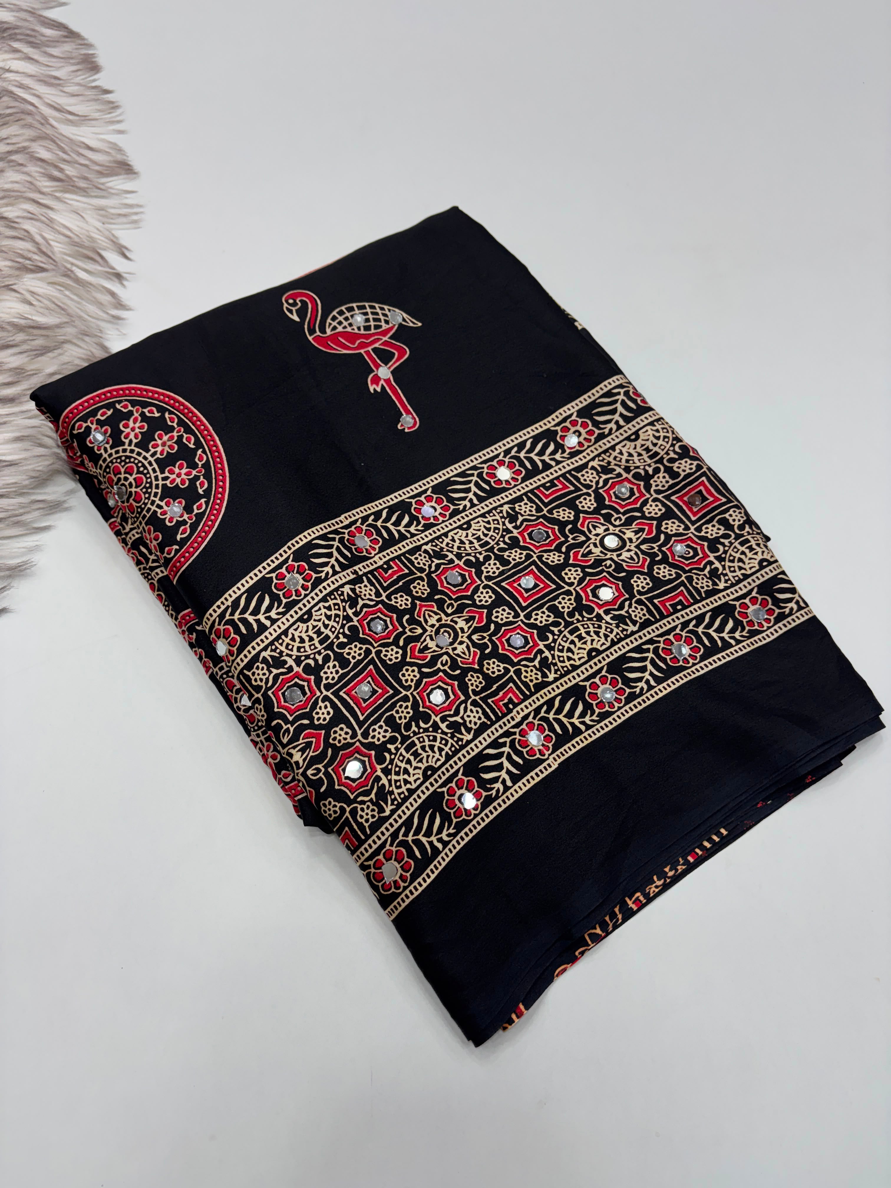 Excellent Festive Wear Pure Silk Ajrak Printed Rich Pallu n Original Mirror Work Designer Saree With Blouse Piece